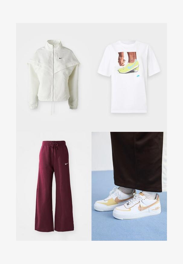 Jaqueta branca de mangas longas com fecho éclair e gola alta, detalhe tipo capa nos ombros, punhos elásticos e pequeno logótipo preto da Nike no peito.; T-shirt branco de algodão com uma gráfica de pés em chuteiras Nike amarelas com detalhes azuis, combinado com uma pulseira no pulso esquerdo.; Calças de fato largas em borgonha, feitas de um tecido suave, com um cós elástico e cordão e um logo da Nike em branco no lado esquerdo.; Ténis brancos em pele com detalhes dourados, apresentando uma biqueira perfurada, atacadores planos e uma sola de borracha espessa com o logótipo "AIR" na lateral.
