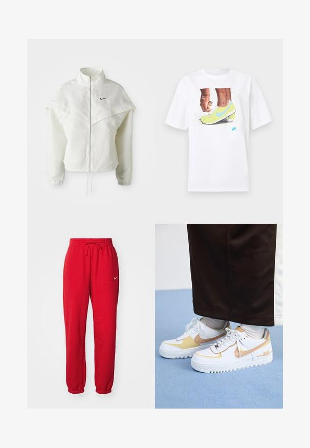 Valkoinen pitkähihainen vetoketjullinen takki korkealla kauluksella, viittamainen yksityiskohta olkapäillä, joustavat hihansuut ja pieni musta Nike-logo rinnassa.; Valkoinen puuvillainen t-paita, jossa on grafiikka keltaisista Nike-nilkkureista sinisillä yksityiskohdilla, yhdessä vasemman ranteen korun kanssa.; Punaiset Nike-housut, joissa on elastinen vyötärö, naru ja kapeat lahkeet. Yksinkertainen muotoilu, jossa on pieni valkoinen Nike-logo. Pehmeä puuvillamateriaali.; Valkoiset nahkakengät, joissa on kultaisia yksityiskohtia. Niissä on rei'itetty kärki, litteät nauhat ja paksu kumipohja, jossa on "AIR"-logo sivussa.