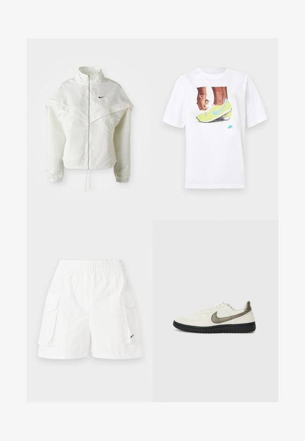 Vit långärmad zip-up jacka med hög krage, kap-liknande detalj över axlarna, elastiska ärmslut och liten svart Nike-logga på bröstet.; Vit bomull t-shirt med en grafik av fötter i gula Nike fotbollsskor med blå accenter, i kombination med ett armband på vänster handled.; Vita cargoshorts med elastisk midja, två sidofickor och en liten svart logotyp på undersidan. Lättviktig tyg, avslappnad design.; Nike Sportswear FIELD GENERAL - Sneakers - off-white/black