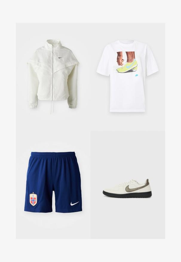 Chaqueta blanca de manga larga con cremallera y cuello alto, detalle tipo capa en los hombros, puños elásticos y pequeño logo negro de Nike en el pecho.; Camiseta blanca de algodón con un gráfico de pies en botas Nike amarillas con acentos azules, acompañada de una pulsera en la muñeca izquierda.; Pantalones cortos Nike de color azul marino con una cinturilla elástica, con un tejido texturizado, un emblema en el lado izquierdo y un logo de Nike en blanco.; Nike Sportswear FIELD GENERAL - Zapatillas - off-white/black