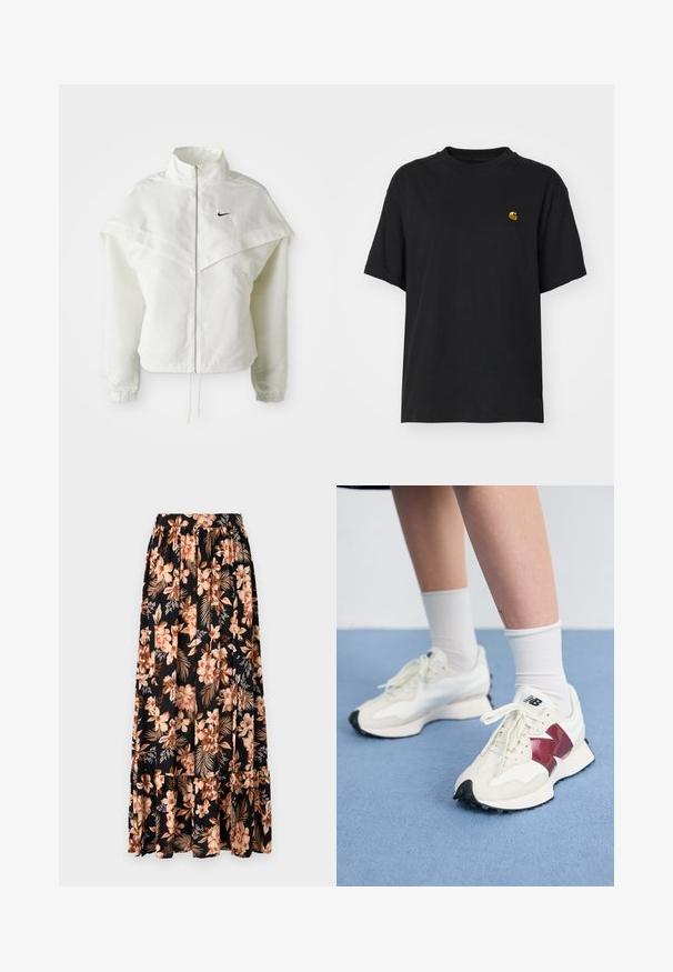 Valkoinen pitkähihainen vetoketjullinen takki korkealla kauluksella, viittamainen yksityiskohta olkapäillä, joustavat hihansuut ja pieni musta Nike-logo rinnassa.; Musta puuvillapaita rentolla leikkauksella. Korostaa pyöreää kaula-aukkoa ja lyhyitä hihoja. Sisältää pienen kultavärisen brodeeratun logon rinnassa.; Mustat kukkakuosiset maksihameet, joissa on persikka- ja kermakukkia sekä vihreitä lehtiä. Hameessa on kerätty vyötärö ja röyhelöhelma, joka lisää tekstuuria.; Pari valkoisia tennareita, joissa on maroon-väriset yksityiskohdat, teksturoituja paneleita, litteä musta pohja ja vaaleat nauhat, käytettyinä valkoisten nilkkasukkien kanssa.