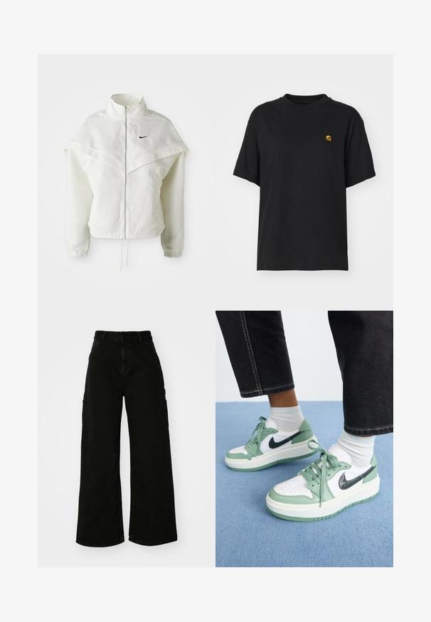 Giacca bianca a maniche lunghe con zip e colletto alto, dettaglio a mantella sulle spalle, polsini elasticizzati e piccolo logo Nike nero sul petto.; T-shirt in cotone nero con una vestibilità rilassata. Presenta un collo rotondo e maniche corte. Include un piccolo logo ricamato in oro sul petto.; Pantaloni cargo neri a gamba larga in denim, con vita alta, chiusura frontale con bottone e tasche laterali. Texture liscia con cuciture minime.; Jordan AIR JORDAN 1 ELEVATE - Sneakers basse - jade smoke/white/anthracite/sail