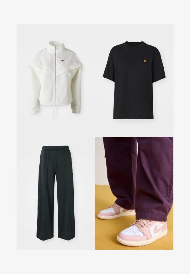 Jaqueta branca de mangas longas com fecho éclair e gola alta, detalhe tipo capa nos ombros, punhos elásticos e pequeno logótipo preto da Nike no peito.; T-shirt de algodão preto com um corte descontraído. Apresenta um decote redondo e mangas curtas. Inclui um pequeno logotipo bordado a dourado no peito.; Calças atléticas largas e pretas com um cós elástico. Feitas de um tecido liso e elástico, com costuras frontais discretas e sem bolsos.; Jordan AIR JORDAN 1 LOW - Sapatilhas - white/pink oxford/sail