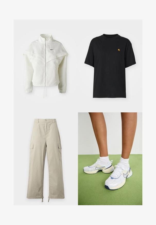 Biela bunda s dlhým rukávom na zips a vysokým golierom, s plášťovým detailom cez plecia, elastickými manžetami a malým čiernym logom Nike na hrudi.; Čierne bavlnené tričko s voľným strihom. Má okrúhly výstrih a krátke rukávy. Obsahuje malé zlaté vyšívané logo na hrudi.; Svetlo béžové cargo nohavice s voľným strihom, vybavené gombíkovým zapínaním, bočnými vreckami a nastaviteľným lemom so šnúrkami. Hladká textúra látky.; Nike Sportswear V2K RUN - Tenisky - white/platinum tint/photon dust/summit white/coconut milk/midnight navy