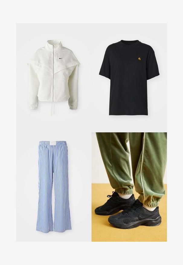 Hvit langermet jakke med glidelås og høy krage, kappe-lignende detaljer over skuldrene, elastiske mansjetter, og liten svart Nike-logo på brystet.; Svart bomulls t-skjorte med løs passform. Har rund hals og korte ermer. Inkluderer en liten gullbrodert logo på brystet.; Blå- og hvitstripete bukser med en avslappet passform, laget av lett materiale, med elastisk midjebånd og en subtil logoetikett.; Sorte atletiske sneakers med mesh og syntetiske overlag, teksturert såle, paret med grønne, elastiske sweatpants med mansjetter, på gul overflate.