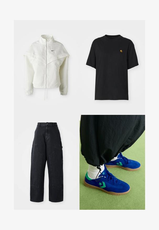 Bjela jakna dugih rukava s patentnim zatvaračem i visokim ovratnikom, s kapastim detaljima preko ramena, elastičnim manžetama i malim crnim Nike logom na prsima.; Crna pamučna majica s opuštenim krojem. Ima okrugli izrez i kratke rukave. Sadrži mali zlatni izvezeni logo na prsima.; Crne traper široke cargo hlače s visokim strukom, dva velika prednja džepa i zatvaranjem na dugme u struku. Glatka tekstura, ležeran dizajn.; Converse RUN STAR TRAINER - Tenisice - blue/apex green/egret