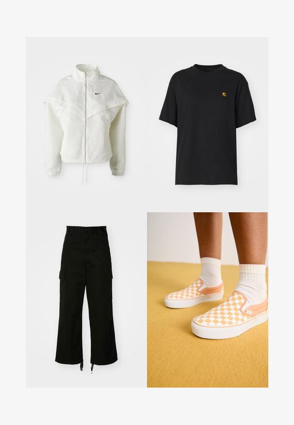 Vit långärmad zip-up jacka med hög krage, kap-liknande detalj över axlarna, elastiska ärmslut och liten svart Nike-logga på bröstet.; Svart bomullströja med en avslappnad passform. Har rund hals och korta ärmar. Inkluderar en liten guld broderad logotyp på bröstet.; Svart cargobyxa i bomull med vida ben, sidofickor och dragsko vid fållen. Designen inkluderar en knappstängning i midjan.; Vans CLASSIC SLIP-ON PLATFORM - Sneakers - apricot