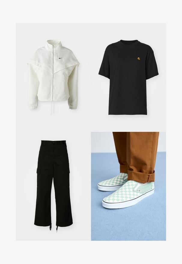 Giacca bianca a maniche lunghe con zip e colletto alto, dettaglio a mantella sulle spalle, polsini elasticizzati e piccolo logo Nike nero sul petto.; T-shirt in cotone nero con una vestibilità rilassata. Presenta un collo rotondo e maniche corte. Include un piccolo logo ricamato in oro sul petto.; Pantaloni cargo neri realizzati in cotone, con gamba larga, tasche laterali e orli con cordino. Il design include una chiusura con bottone in vita.; Piedi in pantaloni marroni con risvolto che indossano scarpe slip-on Vans a scacchi verde pastello e bianco su un pavimento in moquette azzurro chiaro.