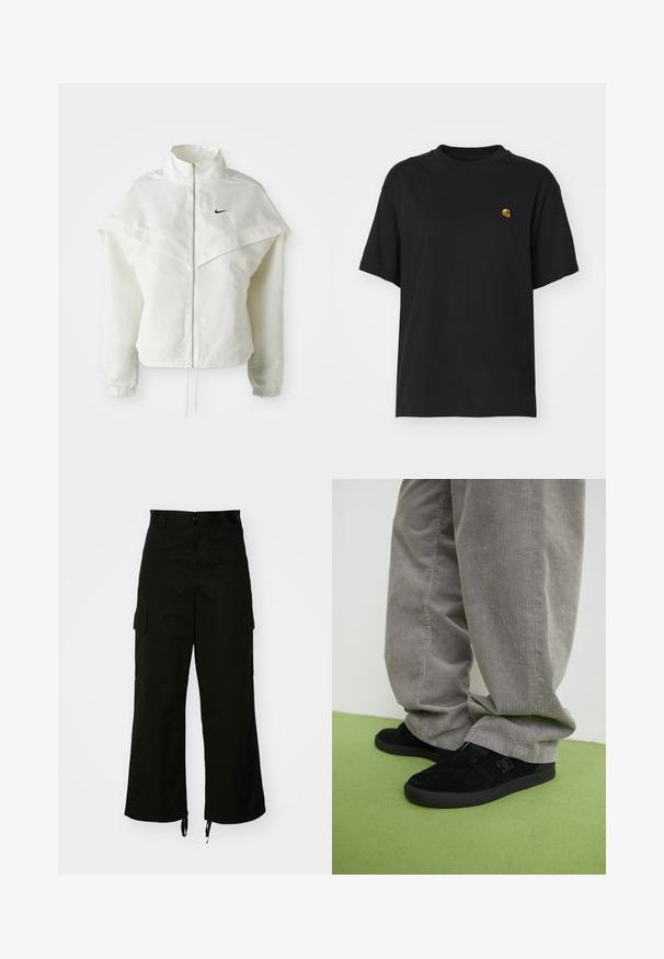 Vit långärmad zip-up jacka med hög krage, kap-liknande detalj över axlarna, elastiska ärmslut och liten svart Nike-logga på bröstet.; Svart bomullströja med en avslappnad passform. Har rund hals och korta ärmar. Inkluderar en liten guld broderad logotyp på bröstet.; Svart cargobyxa i bomull med vida ben, sidofickor och dragsko vid fållen. Designen inkluderar en knappstängning i midjan.; Svarta mockaskate skor med en strukturerad yta och en logotyp, ihopparade med grå kordflöjtsbyxor med ribbad struktur. Grön golvyta.