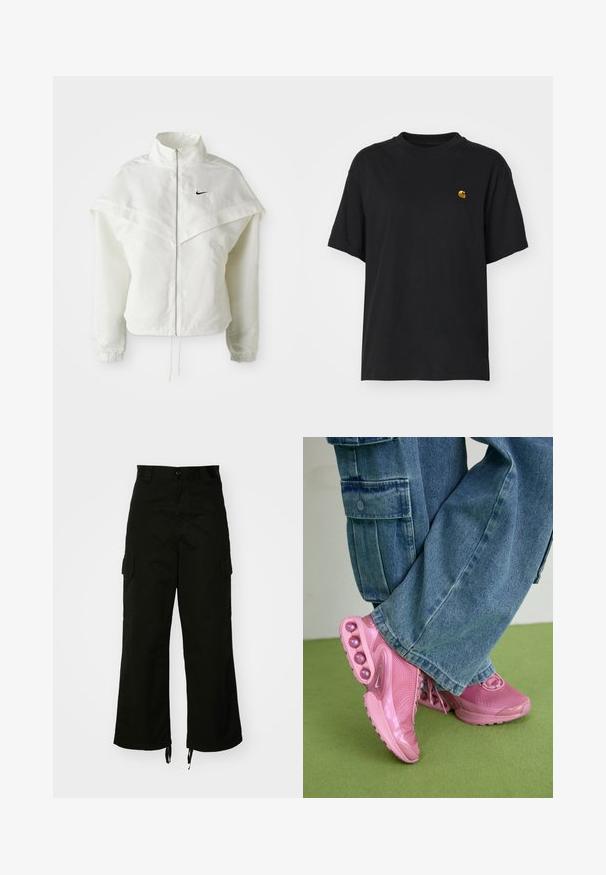 Biela bunda s dlhým rukávom na zips a vysokým golierom, s plášťovým detailom cez plecia, elastickými manžetami a malým čiernym logom Nike na hrudi.; Čierne bavlnené tričko s voľným strihom. Má okrúhly výstrih a krátke rukávy. Obsahuje malé zlaté vyšívané logo na hrudi.; Čierne cargo nohavice vyrobené z bavlny, s širokými nohavicami, bočnými vreckami a sťahovacími lemami. Dizajn zahŕňa gombíkový uzáver v páse.; Ružové športové topánky s sieťovaným zvrškom a lesklými akcentmi, s guľatými tlmiacimi podložkami na podrážke. Nosené s voľnými džínsovými nohavicami.