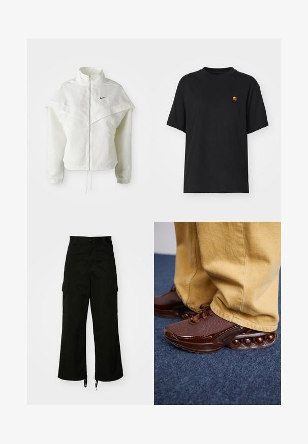 Giacca bianca a maniche lunghe con zip e colletto alto, dettaglio a mantella sulle spalle, polsini elasticizzati e piccolo logo Nike nero sul petto.; T-shirt in cotone nero con una vestibilità rilassata. Presenta un collo rotondo e maniche corte. Include un piccolo logo ricamato in oro sul petto.; Pantaloni cargo neri realizzati in cotone, con gamba larga, tasche laterali e orli con cordino. Il design include una chiusura con bottone in vita.; Sneakers marroni con una superficie testurizzata, dettagli lucidi e bolle arrotondate sulla suola, abbinati a pantaloni gialli chiari.