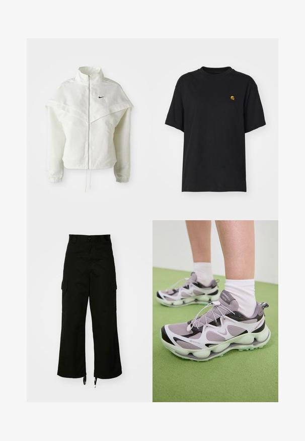 Chaqueta blanca de manga larga con cremallera y cuello alto, detalle tipo capa en los hombros, puños elásticos y pequeño logo negro de Nike en el pecho.; Camiseta de algodón negra con un corte relajado. Presenta un cuello redondo y mangas cortas. Incluye un pequeño logotipo bordado en dorado en el pecho.; Pantalones cargo negros de algodón, con piernas anchas, bolsillos laterales y dobladillos con cordón. El diseño incluye un cierre de botón en la cintura.; Zapatillas deportivas de GORE-TEX en color púrpura claro, con una parte superior de malla texturizada, acentos en negro y una suela esculpida. Presentan cordones elásticos y un collarín acolchado.