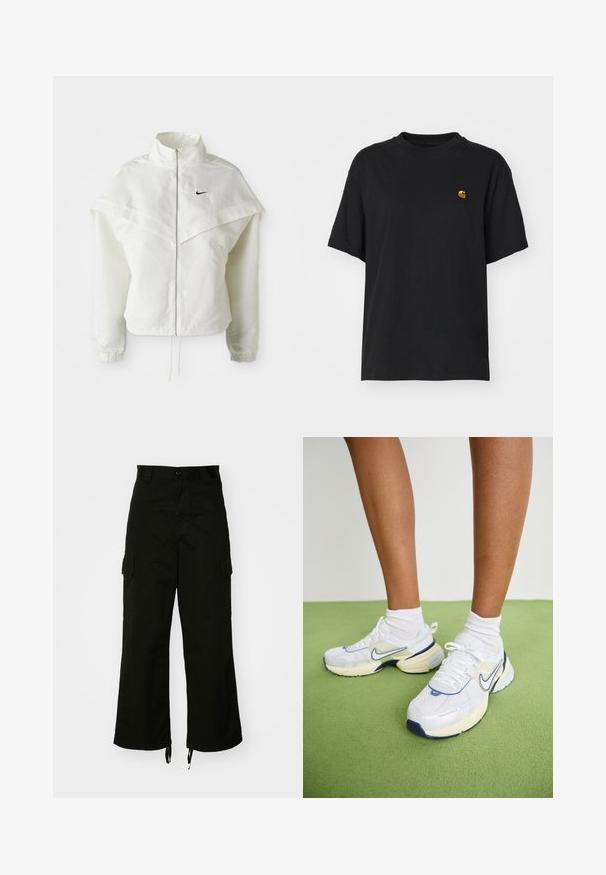 Valkoinen pitkähihainen vetoketjullinen takki korkealla kauluksella, viittamainen yksityiskohta olkapäillä, joustavat hihansuut ja pieni musta Nike-logo rinnassa.; Musta puuvillapaita rentolla leikkauksella. Korostaa pyöreää kaula-aukkoa ja lyhyitä hihoja. Sisältää pienen kultavärisen brodeeratun logon rinnassa.; Mustat cargo-housut, jotka on valmistettu puuvillasta. Niissä on leveät lahkeet, sivutaskut ja nyörikujat lahkeissa. Mallissa on nappikiinnitys vyötäröllä.; Nike Sportswear V2K RUN - Matalavartiset tennarit - white/platinum tint/photon dust/summit white/coconut milk/midnight navy