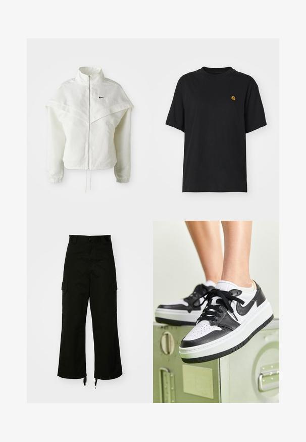 Vit långärmad zip-up jacka med hög krage, kap-liknande detalj över axlarna, elastiska ärmslut och liten svart Nike-logga på bröstet.; Svart bomullströja med en avslappnad passform. Har rund hals och korta ärmar. Inkluderar en liten guld broderad logotyp på bröstet.; Svart cargobyxa i bomull med vida ben, sidofickor och dragsko vid fållen. Designen inkluderar en knappstängning i midjan.; Svartvita lädersneakers med perforerad tånibba, platta svarta snören och vit mellansula över en texturerad svart gummisula.
