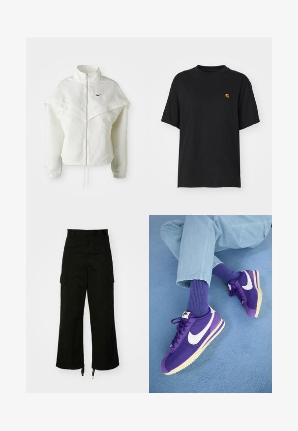 White long-sleeve zip-up jacket with high collar, cape-like detail across shoulders, elastic cuffs, and small black Nike logo on chest.; Black cotton t-shirt with a relaxed fit. Features a round neck and short sleeves. Includes a small gold embroidered logo on the chest.; Black cargo pants made from cotton, featuring wide legs, side pockets, and drawstring hems. The design includes a button closure at the waist.; Nike Sportswear CORTEZ - Trainers - field purple/summit white/alabaster