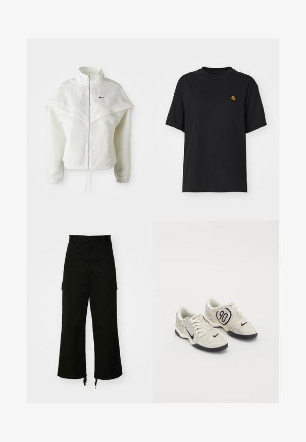 White long-sleeve zip-up jacket with high collar, cape-like detail across shoulders, elastic cuffs, and small black Nike logo on chest.; Black cotton t-shirt with a relaxed fit. Features a round neck and short sleeves. Includes a small gold embroidered logo on the chest.; Black cargo pants made from cotton, featuring wide legs, side pockets, and drawstring hems. The design includes a button closure at the waist.; Nike sneakers with a beige and gray textured upper, black accents, a large "90" logo, and a white lace-up closure. Black sole.