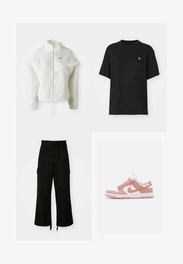 Bjela jakna dugih rukava s patentnim zatvaračem i visokim ovratnikom, s kapastim detaljima preko ramena, elastičnim manžetama i malim crnim Nike logom na prsima.; Crna pamučna majica s opuštenim krojem. Ima okrugli izrez i kratke rukave. Sadrži mali zlatni izvezeni logo na prsima.; Crne cargo hlače od pamuka, širokih nogavica, s bočnim džepovima i rubovima s drškom. Dizajn uključuje kopčanje na gumbu u struku.; Tenisice s bijelim kožnim vrhom, svijetloružičastim kožnim detaljima i teksturiranom ružičastom i bijelom potplatu. Imaju vezice i Nike logo.