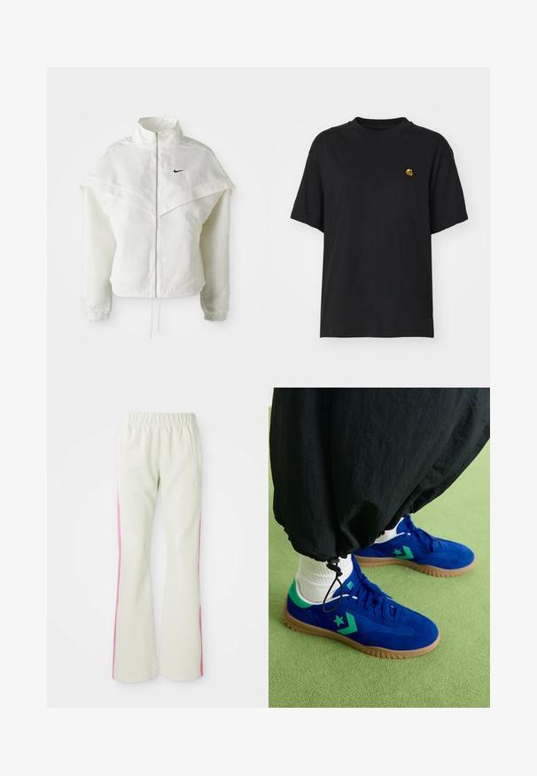 White long-sleeve zip-up jacket with high collar, cape-like detail across shoulders, elastic cuffs, and small black Nike logo on chest.; Black cotton t-shirt with a relaxed fit. Features a round neck and short sleeves. Includes a small gold embroidered logo on the chest.; Light beige pants with an elastic waistband, featuring pink side panels and side pockets. Smooth texture with a straight-leg design.; Converse RUN STAR TRAINER - Trainers - blue/apex green/egret