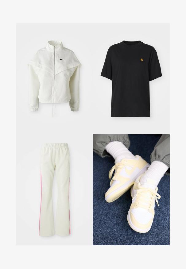Fehér, hosszú ujjú, zipzáras dzseki magas gallérral, a vállakon lebegő, köpenyszerű résszel, rugalmas mandzsettákkal és kis fekete Nike logóval a mellkason.; Fekete pamut póló laza szabással. Kerek nyakkal és rövid ujjakkal rendelkezik. A mellkason egy kis arany hímzett logó található.; Világos bézs színű nadrág, elasztikus derékrésszel, rózsaszín oldalsávokkal és oldalzsebekkel. Sima felület, egyenes lábdesign.; Nike Sportswear DUNK NEXT NATURE - Sportcipő - white/alabaster