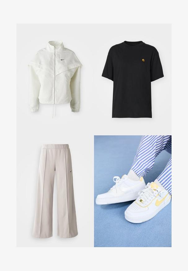 Valkoinen pitkähihainen vetoketjullinen takki korkealla kauluksella, viittamainen yksityiskohta olkapäillä, joustavat hihansuut ja pieni musta Nike-logo rinnassa.; Musta puuvillapaita rentolla leikkauksella. Korostaa pyöreää kaula-aukkoa ja lyhyitä hihoja. Sisältää pienen kultavärisen brodeeratun logon rinnassa.; Vaaleanharmaat leveälahkeiset housut, jotka on valmistettu sileästä kankaasta. Niissä on joustava vyötärö ja musta Nike-logo vasemmalla puolella.; Valkoiset Nike Air Force 1 -tossut keltaisilla yksityiskohdilla ja rei'itetty kärki, yhdistettyinä raidallisiin sinisiin ja valkoisiin housuihin. Karkea sininen tausta.
