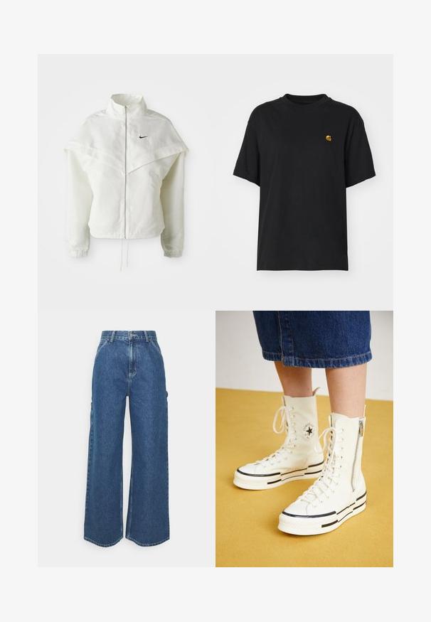Hvit langermet jakke med glidelås og høy krage, kappe-lignende detaljer over skuldrene, elastiske mansjetter, og liten svart Nike-logo på brystet.; Svart bomulls t-skjorte med løs passform. Har rund hals og korte ermer. Inkluderer en liten gullbrodert logo på brystet.; Videbeinete blå denimbukser med høy midje, kontraststing, og sidelommer, med et klassisk fem-lommers design og rå kanter.; Hvite høyhælte sneakers med glidelås, snøring og svarte stripeakenter på en tykk såle. Teksturet kanvasmateriale.