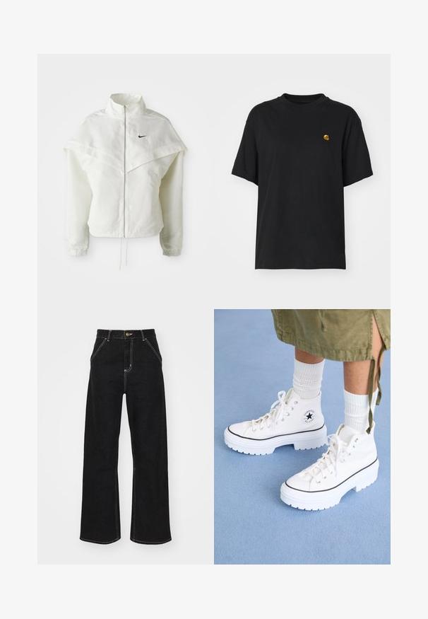 Hvid langærmet zip-up jakke med høj krave, kappe-lignende detaljer over skuldrene, elastiske manchetter og lille sort Nike-logo på brystet.; Sort bomulds T-shirt med en afslappet pasform. Har en rund halsudskæring og korte ærmer. Inkluderer et lille guld broderet logo på brystet.; Sorte bukser med bred ben, lavet af denim og prydet med kontrastfarvet hvid syning samt en frontlukning med knap, og to skrå forlommer.; Hvide højtop sneakers med et tekstureret canvas-overdel, gummitåhætte og tyk hvid platformssål. Har sorte accenter og snøreringe.