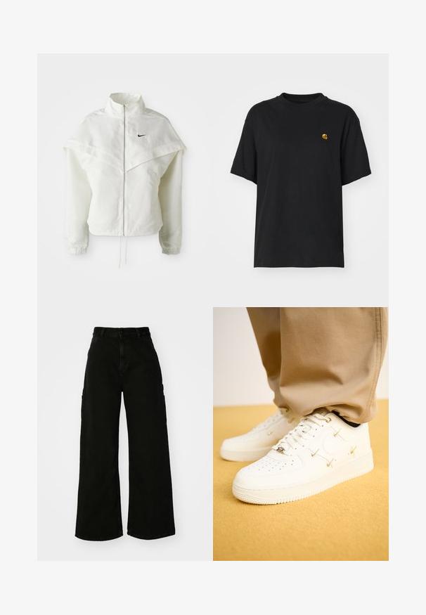White long-sleeve zip-up jacket with high collar, cape-like detail across shoulders, elastic cuffs, and small black Nike logo on chest.; Black cotton t-shirt with a relaxed fit. Features a round neck and short sleeves. Includes a small gold embroidered logo on the chest.; Black wide-leg cargo pants made of denim, featuring a high waist, front button closure, and side pockets. Smooth texture with minimal stitching.; White leather sneakers with perforated toe, golden accents, and flat laces, paired with beige pants on a textured yellow surface.