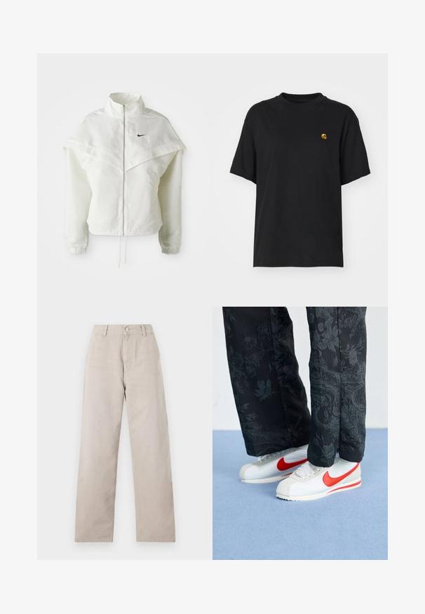 Bela jakna z dolgimi rokavi in zadrgo, visokim ovratnikom, plaščastim detajlom čez ramena, elastičnimi manšetami in majhnim črnim logotipom Nike na prsih.; Črna bombažna majica s sproščenim krojem. Ima okroglo ovratnik in kratke rokave. Vključuje majhen zlat vezen logotip na prsih.; Bež hlače ravnega kroja, izdelane iz gladkega bombaža. Imajo gumb za zapiranje, zanko za pas in stranske žepke. Preprost, čist dizajn.; Bele Nike teniske z rdečimi akcenti, v kombinaciji z črnimi hlačami s cvetličnim vzorcem. Tekstura je gladka z ravnim pletenim podplatom.