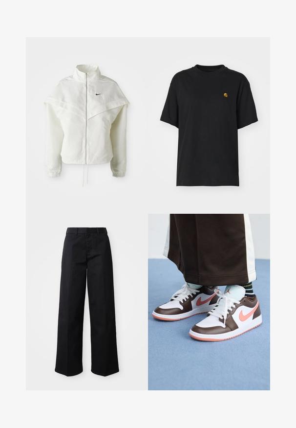 Veste zippée à manches longues blanche avec col haut, détail de type cape sur les épaules, poignets élastiques et petit logo Nike noir sur la poitrine.; T-shirt en coton noir à coupe décontractée. Présente un col rond et des manches courtes. Comprend un petit logo doré brodé sur la poitrine.; Pantalons larges noirs en tissu de coton doux. Dotés d'une taille classique, de poches latérales et d'une coupe droite jusqu'à l'ourlet.; Baskets Nike Air Jordan blanches et brunes avec des accents roses, présentant un design basse, des lacets blancs et une semelle en caoutchouc texturée.