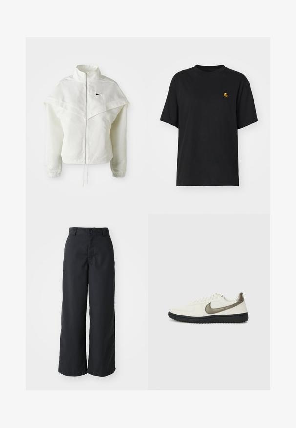 Hvid langærmet zip-up jakke med høj krave, kappe-lignende detaljer over skuldrene, elastiske manchetter og lille sort Nike-logo på brystet.; Sort bomulds T-shirt med en afslappet pasform. Har en rund halsudskæring og korte ærmer. Inkluderer et lille guld broderet logo på brystet.; Sorte breddebenede bukser lavet af glat stof, med knaplukning og sidelommer, med et rent design og skræddersyet silhuet.; Nike Sportswear FIELD GENERAL - Sneakers - off-white/black