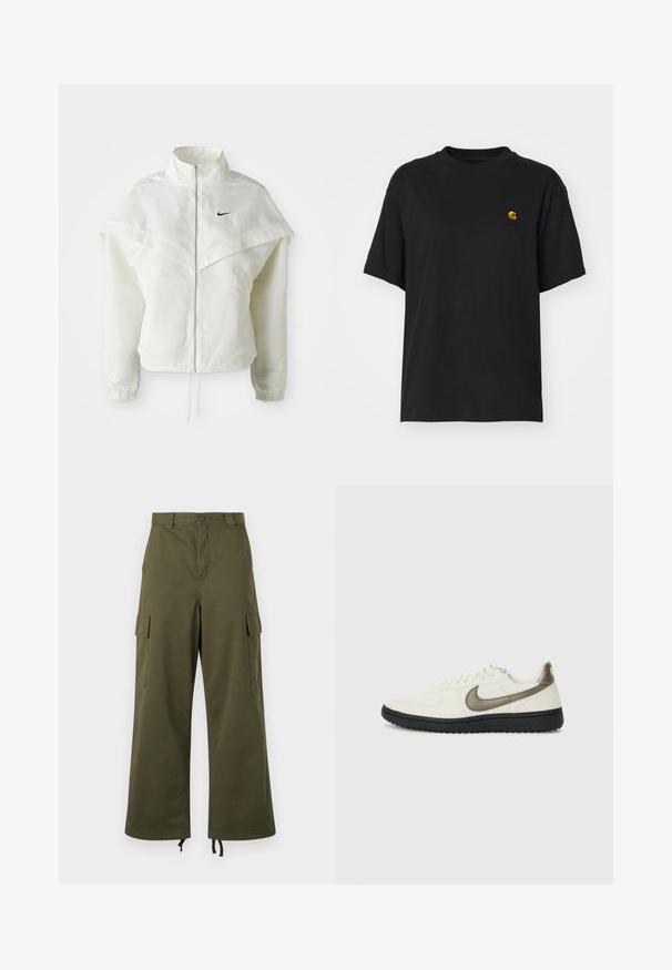 Hvid langærmet zip-up jakke med høj krave, kappe-lignende detaljer over skuldrene, elastiske manchetter og lille sort Nike-logo på brystet.; Sort bomulds T-shirt med en afslappet pasform. Har en rund halsudskæring og korte ærmer. Inkluderer et lille guld broderet logo på brystet.; Olivenfarvede cargo-bukser lavet af bomuld, med høj talje, brede ben, sidelommer og justerbare snore i kanten.; Nike Sportswear FIELD GENERAL - Sneakers - off-white/black