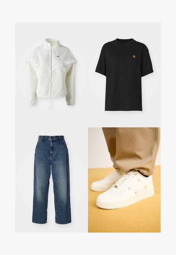 Balta garās piedurknes ar rāvējslēdzēju jaka ar augstu apkakli, apmetņa līdzīga detaļa uz pleciem, elastīgas aproces un mazs melns Nike logotips uz krūtīm.; Melnas kokvilnas T-krekls ar brīvu piegriezumu. Iezīmē apaļu kakla un īsām piedurknēm. Iekļauts neliels zelta izšūts logo krūšu daļā.; Zilā džinsa platā kāja bikses ar augstu jostasvietu, ar pogu aizdari, jostu cilpiņām un izbalējumu uz augšstilbiem. Taisnas kājas atvērumi.; Balinie ādas sporta apavi ar perforētu purngali, zelta akcentiem un plakanu šņorējumu, savienoti ar bēšiem biksēm uz teksturētas dzeltenas virsmas.