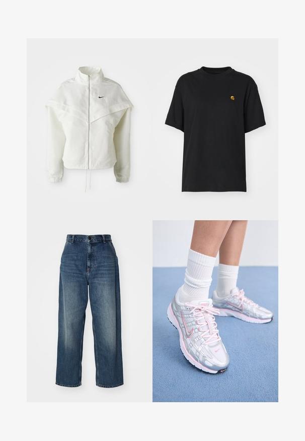 Fehér, hosszú ujjú, zipzáras dzseki magas gallérral, a vállakon lebegő, köpenyszerű résszel, rugalmas mandzsettákkal és kis fekete Nike logóval a mellkason.; Fekete pamut póló laza szabással. Kerek nyakkal és rövid ujjakkal rendelkezik. A mellkason egy kis arany hímzett logó található.; Kék farmer széles lábú farmernadrág, magas derékkal, gombos záródással, övrésszel és halványodással a combokon. Egyenes szabású lábvégek.; Nike futócipők ezüst hálós felsőrésszel, rózsaszín kiegészítőkkel, fehér fűzővel és texturált talppal. Fehér pamut sport zoknival viselve.