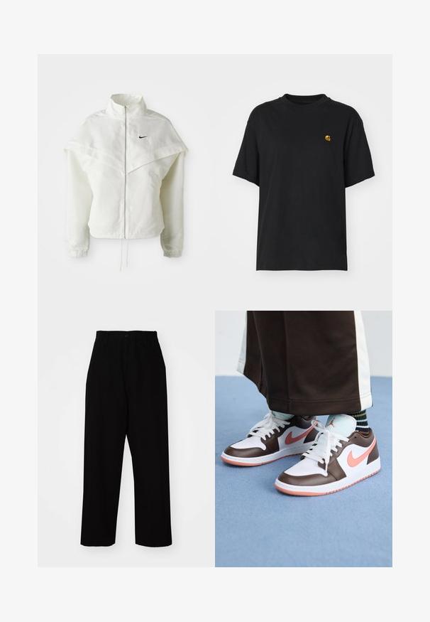 Veste zippée à manches longues blanche avec col haut, détail de type cape sur les épaules, poignets élastiques et petit logo Nike noir sur la poitrine.; T-shirt en coton noir à coupe décontractée. Présente un col rond et des manches courtes. Comprend un petit logo doré brodé sur la poitrine.; Pantalons noirs en tissu coton robuste. Présentent un design à jambe droite, des passants de ceinture, une fermeture à bouton et un ourlet propre.; Baskets Nike Air Jordan blanches et brunes avec des accents roses, présentant un design basse, des lacets blancs et une semelle en caoutchouc texturée.