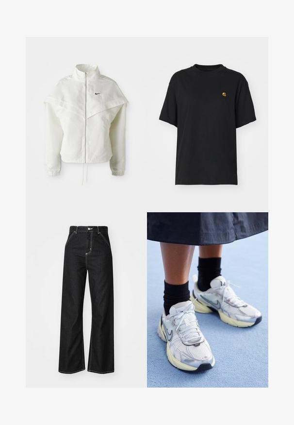 White long-sleeve zip-up jacket with high collar, cape-like detail across shoulders, elastic cuffs, and small black Nike logo on chest.; Black cotton t-shirt with a relaxed fit. Features a round neck and short sleeves. Includes a small gold embroidered logo on the chest.; Black denim wide-leg pants featuring contrasting white stitching, a high waist, five-pocket design, and a button closure.; White and silver Nike sneakers with mesh fabric, reflective accents, and a beige sole. Worn with black socks, standing on a blue surface.