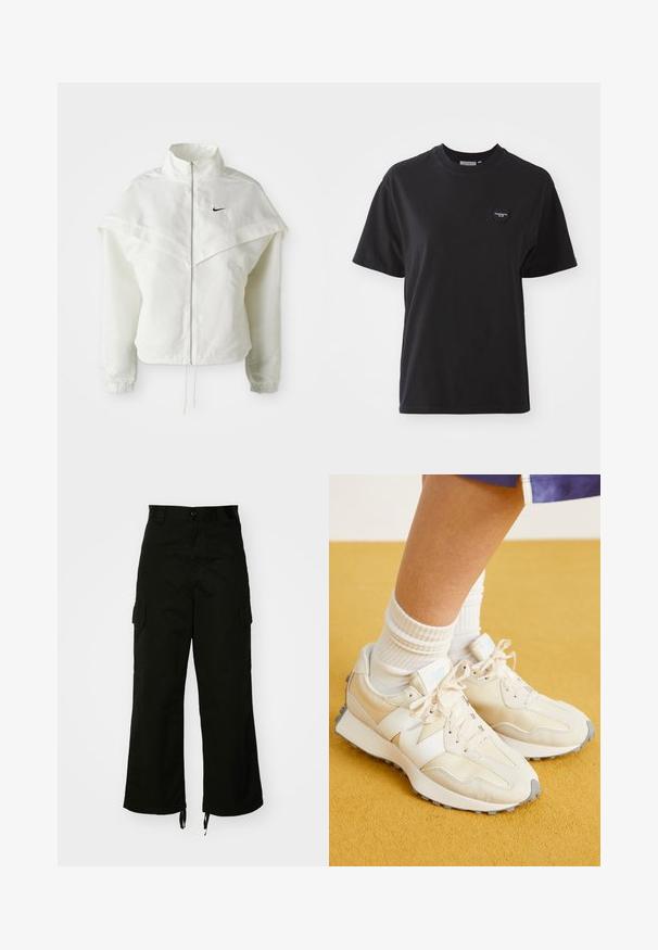 Giacca bianca a maniche lunghe con zip e colletto alto, dettaglio a mantella sulle spalle, polsini elasticizzati e piccolo logo Nike nero sul petto.; T-shirt in cotone nero con collo rotondo, maniche corte e un piccolo logo a forma di cuore nella parte superiore sinistra. Tessuto liscio, vestibilità rilassata.; Pantaloni cargo neri realizzati in cotone, con gamba larga, tasche laterali e orli con cordino. Il design include una chiusura con bottone in vita.; New Balance WS327 - Sneakers basse - offwhite