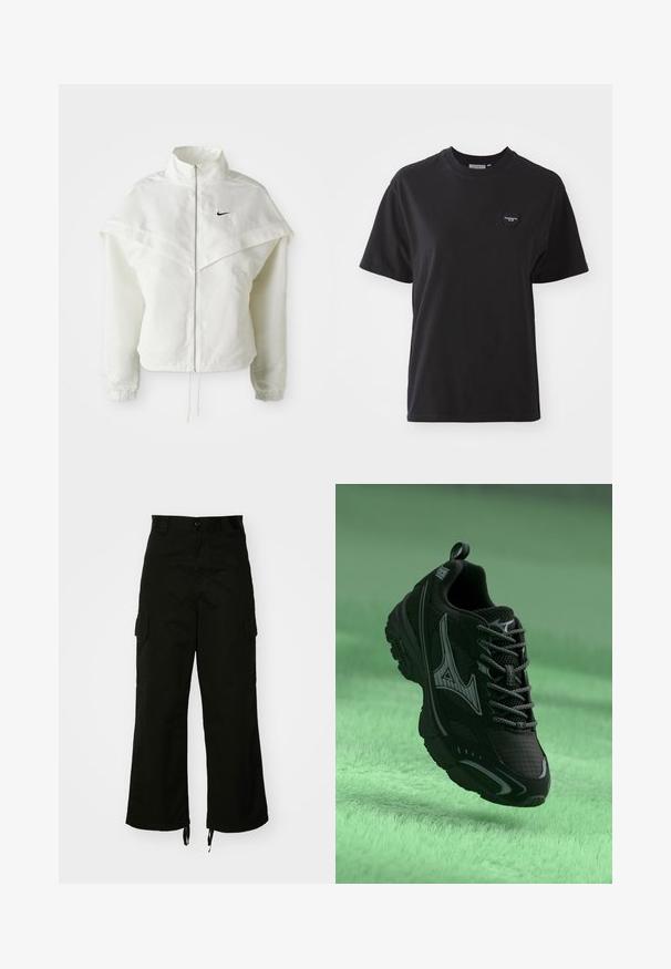 Chaqueta blanca de manga larga con cremallera y cuello alto, detalle tipo capa en los hombros, puños elásticos y pequeño logo negro de Nike en el pecho.; Camiseta de algodón negra con cuello redondo, mangas cortas y un pequeño logotipo en forma de corazón en la parte superior izquierda. Textura suave, corte relajado.; Pantalones cargo negros de algodón, con piernas anchas, bolsillos laterales y dobladillos con cordón. El diseño incluye un cierre de botón en la cintura.; Zapatilla deportiva negra con una superficie texturizada, detalles en gris y cordones. Presenta un logotipo de marca prominente y una suela acolchada para mayor soporte.