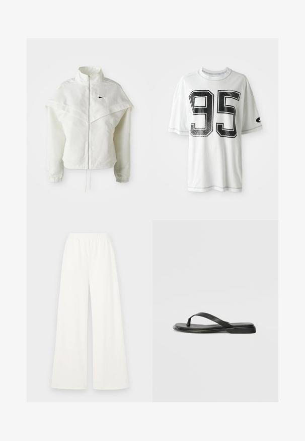 Bela jakna z dolgimi rokavi in zadrgo, visokim ovratnikom, plaščastim detajlom čez ramena, elastičnimi manšetami in majhnim črnim logotipom Nike na prsih.; Bela kratka majica s kratkimi rokavi z velikimi poškodovanimi črnimi številom "95" na sprednji strani in majhnim črnim logotipom swoosh na levem rokavu.; Široke hlače iz lahkega, mehkega belega materiala. Imajo elastičen pas za udobje in gladko teksturo brez vidnih vzorcev.; Črne japanke iz gladke usnjene materiale, z tankim trakastim dizajnom in ravnim podplatom minimalnega profila. Brez opaznih vzorcev ali dodatkov.