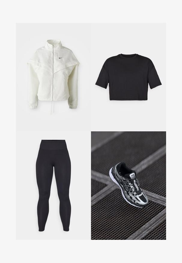 Giacca bianca a maniche lunghe con zip e colletto alto, dettaglio a mantella sulle spalle, polsini elasticizzati e piccolo logo Nike nero sul petto.; T-shirt nero cropped realizzato in tessuto morbido, con scollatura rotonda e maniche corte e larghe, dal design semplice e senza cuciture.; Leggings neri a vita alta realizzati in materiale elastico con una texture liscia. Il design è aderente e senza cuciture, senza loghi o motivi visibili.; Scarpa da corsa Nike con una combinazione di colori nera e argento, tomaia in rete, suola testurizzata e sistema di allacciatura per una vestibilità sicura.