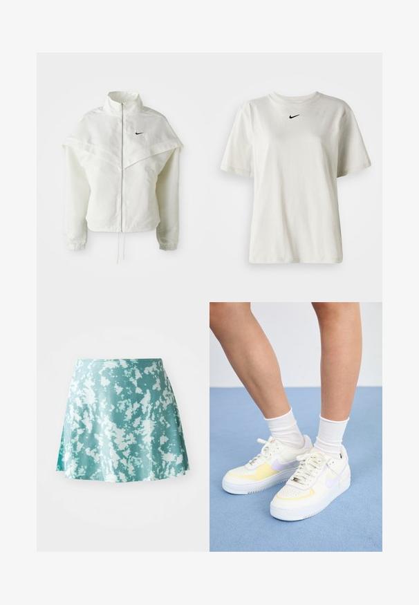 Fehér, hosszú ujjú, zipzáras dzseki magas gallérral, a vállakon lebegő, köpenyszerű résszel, rugalmas mandzsettákkal és kis fekete Nike logóval a mellkason.; Fehér pamut póló kerek nyakkal és rövid ujjal. A mellkason egy kis fekete Nike logó található. Egyszerű és díszítetlen dizájn.; Egy menta zöld korcsolyás szoknya, fehér fröccsenésmintával, könnyű anyagból készült. Picit bővülő fazonnal és oldalsó sliccel rendelkezik.; Fehér bőr sneakers sárga és levendula színű kiegészítőkkel, kerek orral, lapos fűzökkel és texturált gumitalppal. Fehér zoknival viselve.