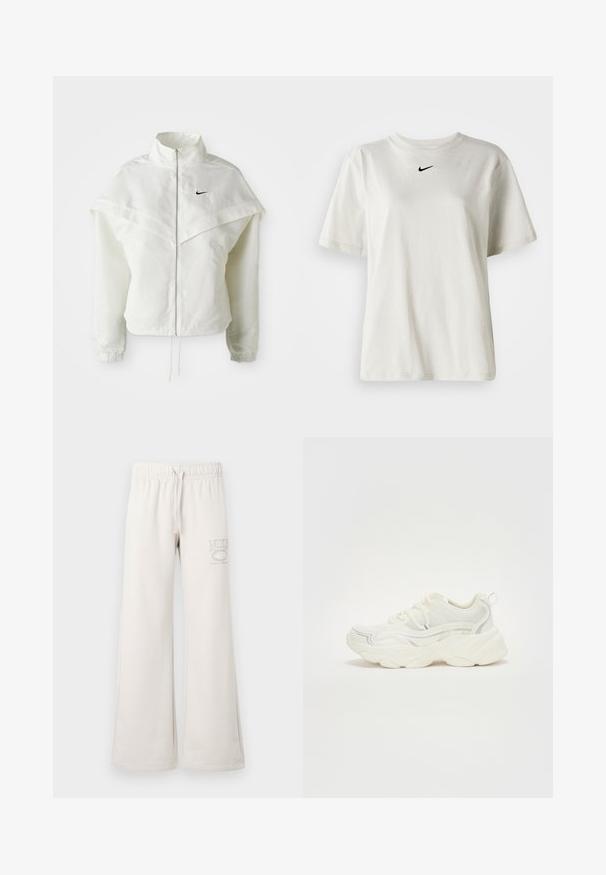 White long-sleeve zip-up jacket with high collar, cape-like detail across shoulders, elastic cuffs, and small black Nike logo on chest.; White cotton t-shirt with a round neckline and short sleeves. Features a small black Nike logo on the chest. Simple and unadorned design.; Light beige sweatpants with a drawstring waist, wide leg design, and a small white printed logo on the left thigh. Soft cotton material.; Chunky white sneakers with mesh and synthetic materials. Features a textured upper, rounded sole, and subtle accent lines in light gray.