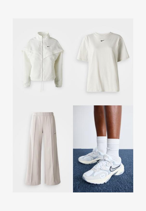 Balta garās piedurknes ar rāvējslēdzēju jaka ar augstu apkakli, apmetņa līdzīga detaļa uz pleciem, elastīgas aproces un mazs melns Nike logotips uz krūtīm.; Balts kokvilnas T-krekls ar apaļu kakla izgriezumu un īsām piedurknēm. Uz krūtīm ir neliels melns Nike logo. Vienkāršs un bez rotājumiem dizains.; Gaiši pelēkas platas bikses, izgatavotas no gludas auduma. Iezīmēta ar elastīgu jostu un melnu Nike logo kreisajā pusē.; Nike Sportswear AL8 - Treniņu apavi - white/metallic silver/black/sail/wolf grey/photon dust