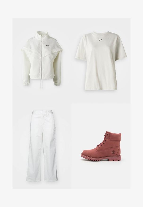 Valge pikkade varrukatega tõmblukuga jakk kõrge kraega, kätetooted, mis meenutavad katet õlgadel, elastsete mansettidega ja väikese musta Nike logoga rinnal.; Valge puuvillane T-särk, millel on ümmargune dekoltee ja lühikesed varrukad. Rinnal on väike must Nike logo. Lihtne ja kaunistusteta disain.; Valged laiad püksid, mis on valmistatud puuvillast, omavad siledat tekstuuri, sirget lõiget, eesmine taskud ja puhtad äärised.; Kerge roosa nubukist pahkluu saapad, ümmarguse varbaga, tikkimise detailidega ja logoga küljel, roostevabast kummist tallaga ning nööbiga sulgemine.