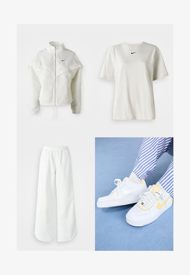 Bjela jakna dugih rukava s patentnim zatvaračem i visokim ovratnikom, s kapastim detaljima preko ramena, elastičnim manžetama i malim crnim Nike logom na prsima.; Bijela pamučna majica s okruglim izrezom i kratkim rukavima. Sadrži mali crni Nike logo na prsima. Jednostavan i neukrašen dizajn.; Bijele široke sportske hlače s rebrastim pojasom i suptilnim logotipom. Glatka tkanina s opuštenim krojem i suženim rubom.; Bijele Nike Air Force 1 tenisice s žutim akcentima i perforiranim prednjim dijelom, uparene s prugastim plavim i bijelim hlačama. Teksturirana plava pozadina.