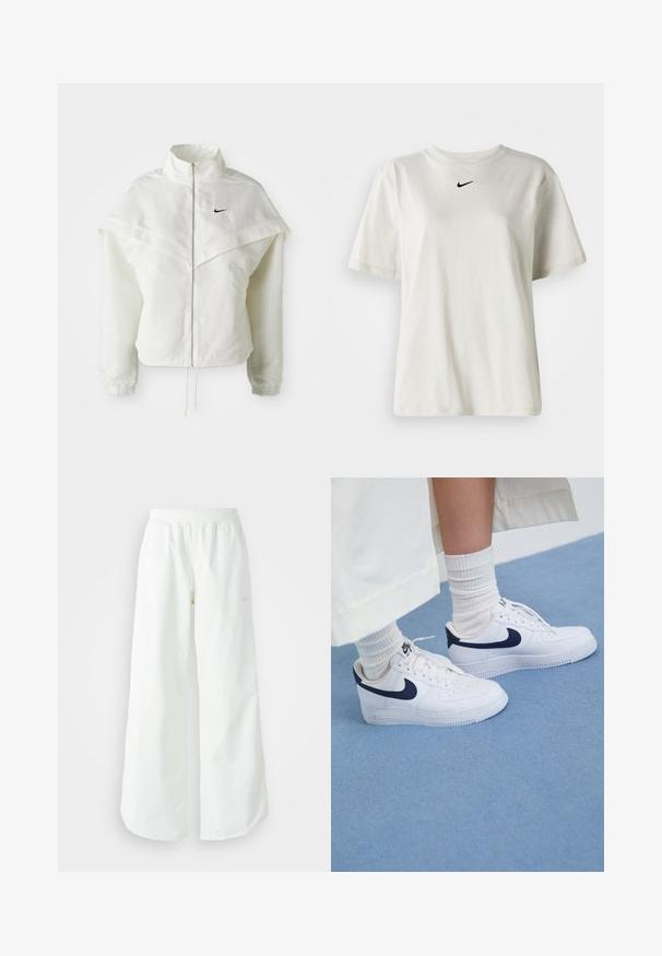 Valge pikkade varrukatega tõmblukuga jakk kõrge kraega, kätetooted, mis meenutavad katet õlgadel, elastsete mansettidega ja väikese musta Nike logoga rinnal.; Valge puuvillane T-särk, millel on ümmargune dekoltee ja lühikesed varrukad. Rinnal on väike must Nike logo. Lihtne ja kaunistusteta disain.; Valged laiad spordipüksid, ribadega vöökoht ja diskreetne logosümbol. Sile kangas, lõdvestatud istuvus ja kitsenev ääreosa.; Valged Nike Air Force 1 tossud tumesiniste aktsentidega, perforatsiooni tõttu varvaste juures, lamedate paeltega ja kummist tallaga, koos ribadega valgete sokkidega.