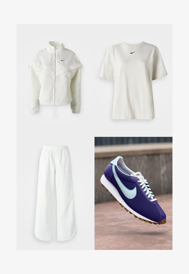 Bela jakna z dolgimi rokavi in zadrgo, visokim ovratnikom, plaščastim detajlom čez ramena, elastičnimi manšetami in majhnim črnim logotipom Nike na prsih.; Bela bomba iz bombaža z okroglim ovratnikom in kratkimi rokavi. Ima majhen črn Nike logotip na prsih. Preprost in neopazen dizajn.; Bela športna hlače širokega kroja z rebrastim pasom in diskretno logotipno podrobnostjo. Gladek material z sproščenim krojem in zoženim robom.; Vijolična Nike športna obutev z svetlo modrim znakom, belimi vezalkami in gumijastim podplatom, prikazana nad betonsko površino na prostem.