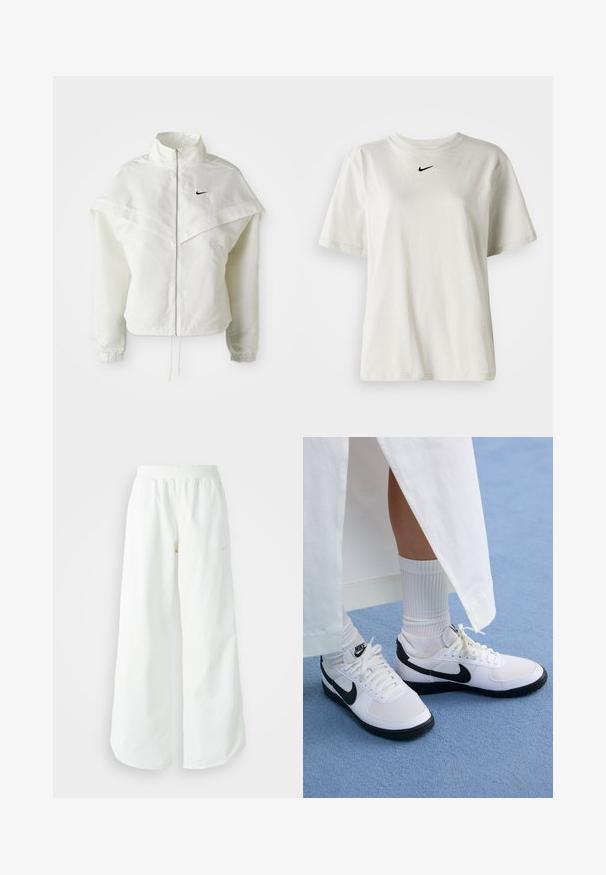 Hvid langærmet zip-up jakke med høj krave, kappe-lignende detaljer over skuldrene, elastiske manchetter og lille sort Nike-logo på brystet.; Hvid bomulds t-shirt med rund hals og korte ærmer. Har et lille sort Nike-logo på brystet. Enkel og udekoreret design.; Hvide athletic bukser med vidde, ribbet talje og subtile logo detaljer. Glat stof med en afslappet pasform og tapered hals.; Hvide Nike sneakers med sorte accenter, der har en glat læderoverdel, hvide snørebånd og slidstærke gummiydersåler, parret med hvide ribbede sokker.