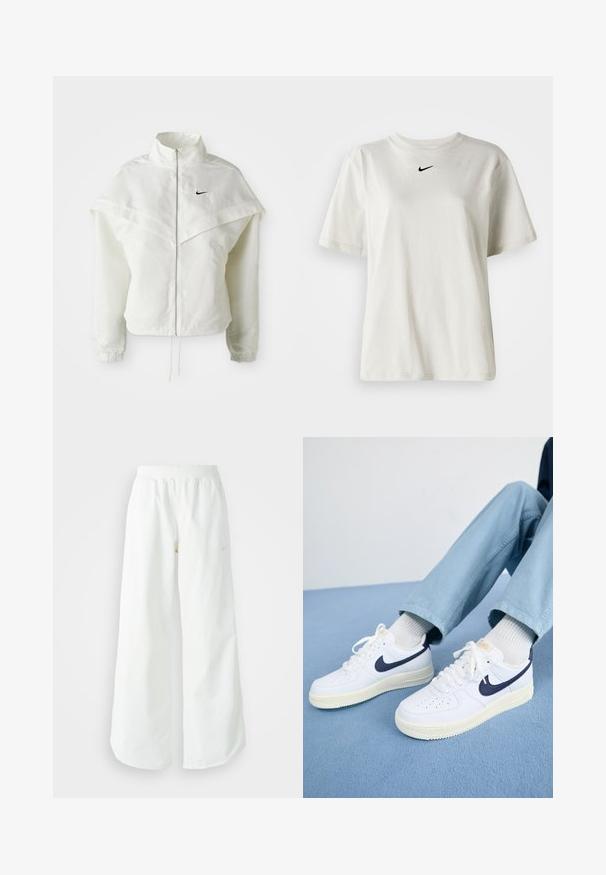 Jaqueta branca de mangas longas com fecho éclair e gola alta, detalhe tipo capa nos ombros, punhos elásticos e pequeno logótipo preto da Nike no peito.; T-shirt de algodão branco com decote redondo e mangas curtas. Apresenta um pequeno logo preto da Nike no peito. Design simples e sem adornos.; Calças atléticas largas brancas com uma cintura canelada e um discreto detalhe de logótipo. Tecido suave com um corte relaxado e terminações ajustadas.; Tênis brancos de couro com o símbolo da Nike em azul-marinho, biqueira perfurada e sola de borracha creme. Combinados com calças azul claro e meias brancas.