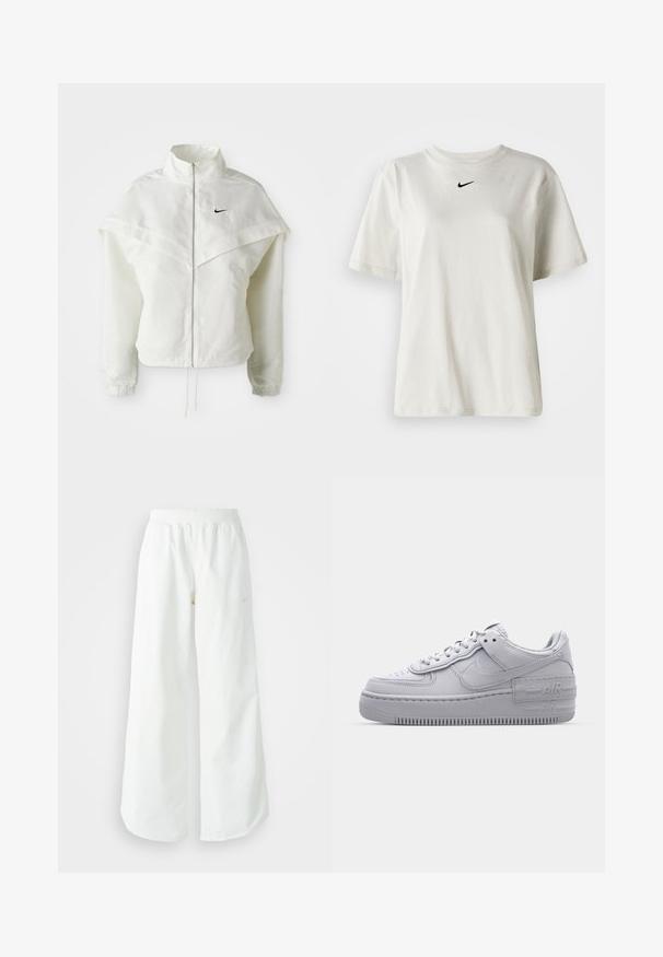 Valge pikkade varrukatega tõmblukuga jakk kõrge kraega, kätetooted, mis meenutavad katet õlgadel, elastsete mansettidega ja väikese musta Nike logoga rinnal.; Valge puuvillane T-särk, millel on ümmargune dekoltee ja lühikesed varrukad. Rinnal on väike must Nike logo. Lihtne ja kaunistusteta disain.; Valged laiad spordipüksid, ribadega vöökoht ja diskreetne logosümbol. Sile kangas, lõdvestatud istuvus ja kitsenev ääreosa.; Hallitus hallid Nike Air Force 1 sneakerid, millel on augustatud varvas, siledast nahast ülemine osa, paks tall ning reljeefne 'AIR' detail kontsapadjal.