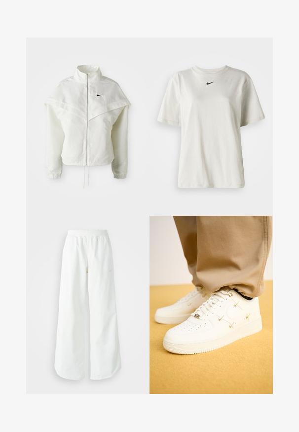 Balta garās piedurknes ar rāvējslēdzēju jaka ar augstu apkakli, apmetņa līdzīga detaļa uz pleciem, elastīgas aproces un mazs melns Nike logotips uz krūtīm.; Balts kokvilnas T-krekls ar apaļu kakla izgriezumu un īsām piedurknēm. Uz krūtīm ir neliels melns Nike logo. Vienkāršs un bez rotājumiem dizains.; Baltas, platais sporta bikses ar ribotu jostasvītru un smalku logotipa detaļu. Gluda auduma ar brīvu piegriezumu un sašaurinātu apakšdaļu.; Balinie ādas sporta apavi ar perforētu purngali, zelta akcentiem un plakanu šņorējumu, savienoti ar bēšiem biksēm uz teksturētas dzeltenas virsmas.
